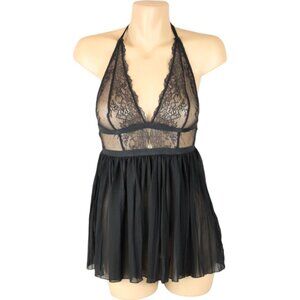Victoria's Secret Negligee Black Lace Halter Pleated Skirt Small Short N124